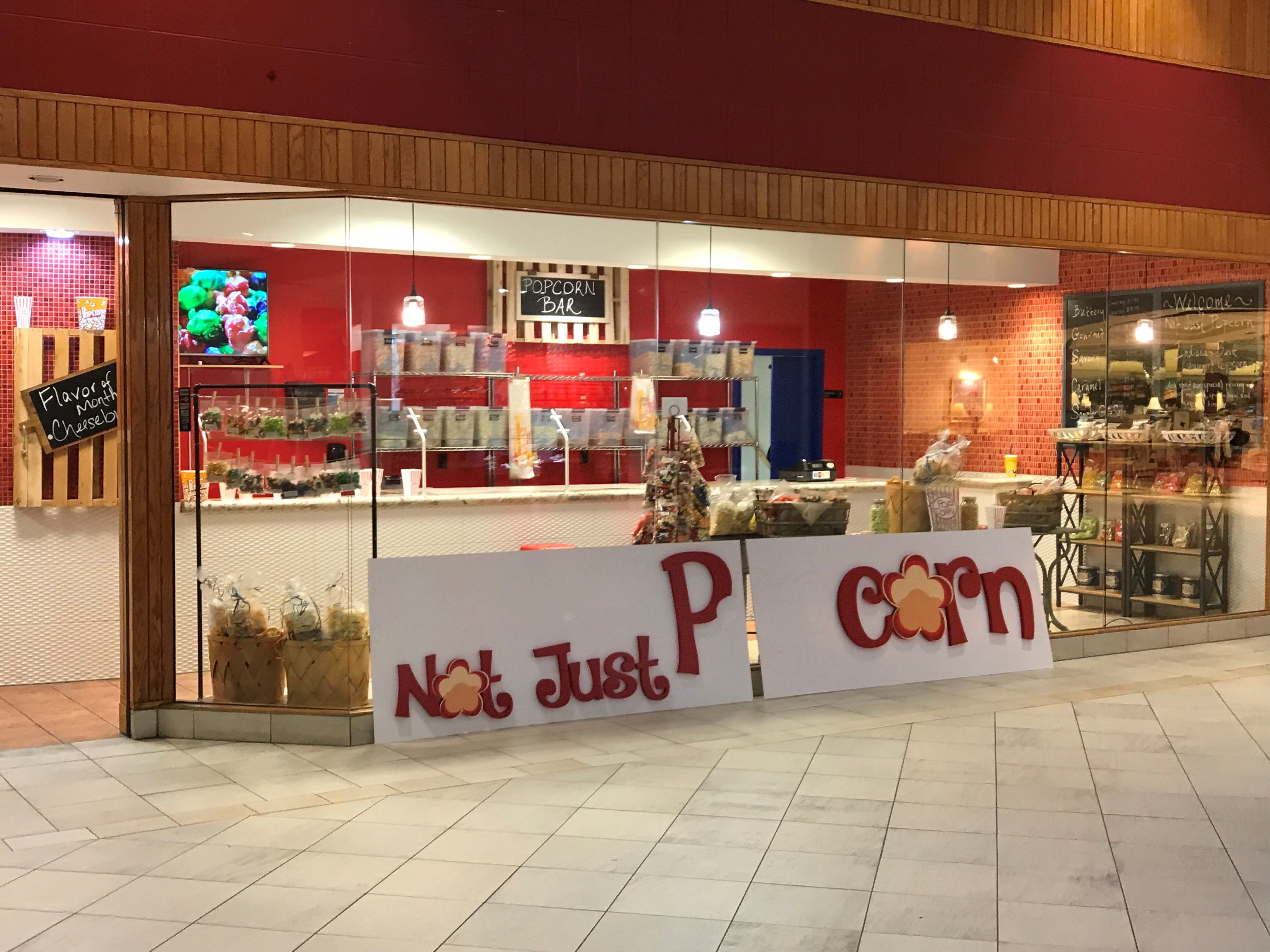 Dimensiaonal Storefront Signage for Not Just Popcorn in Greenwood Park Mall, Greenwood, IN