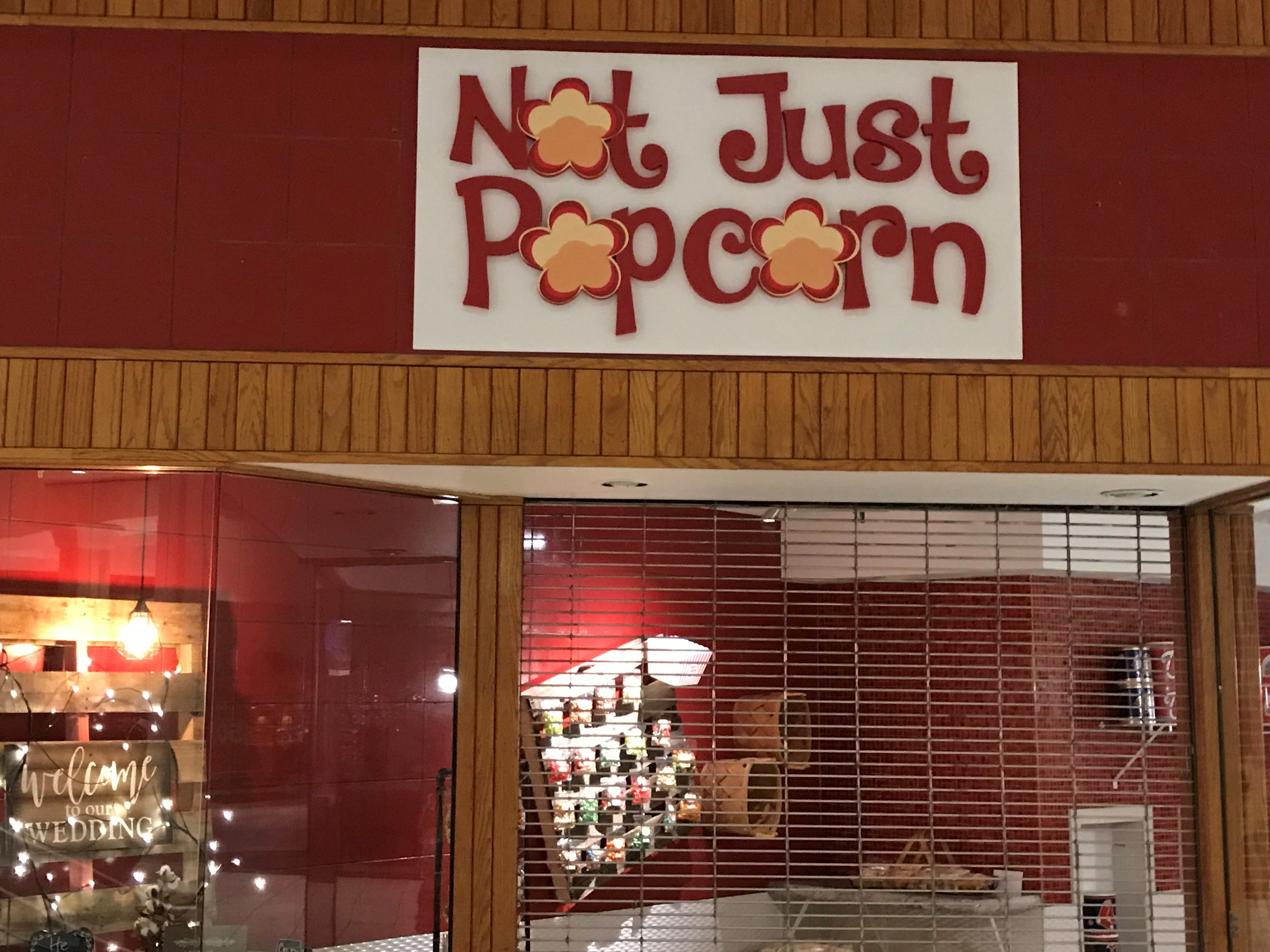 Dimensiaonal Storefront Signage for Not Just Popcorn in Greenwood Park Mall, Greenwood, IN
