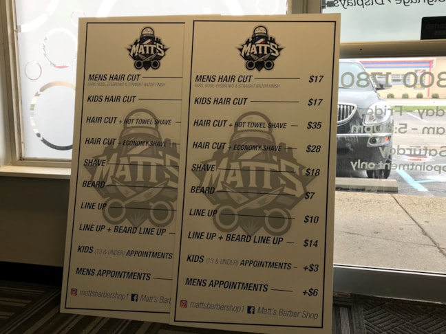 Matts Barber Shop Price List Board in Greenwood,IN