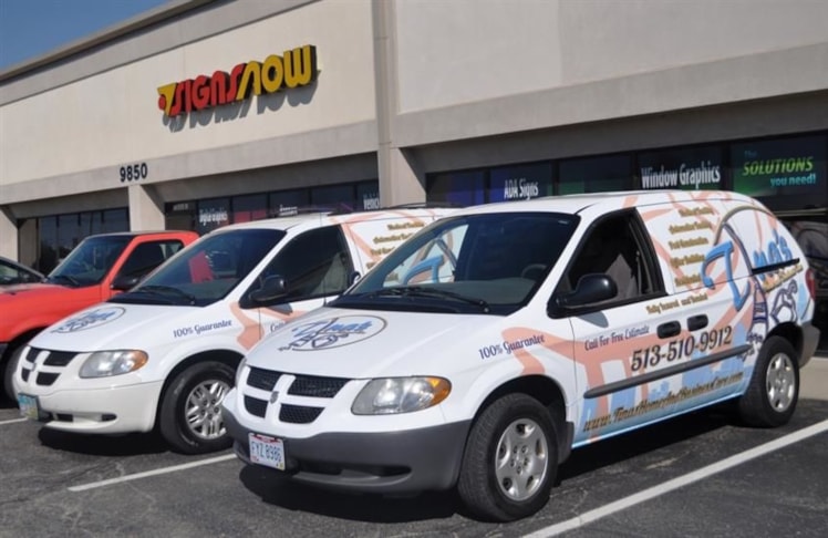 Create a moving billboard with digitally printed vehicle wraps!  (Creative Graphic Design and Vehicle Wraps by Signs Now Cincinnati for Tinas Home and Business Care, Loveland, OH)