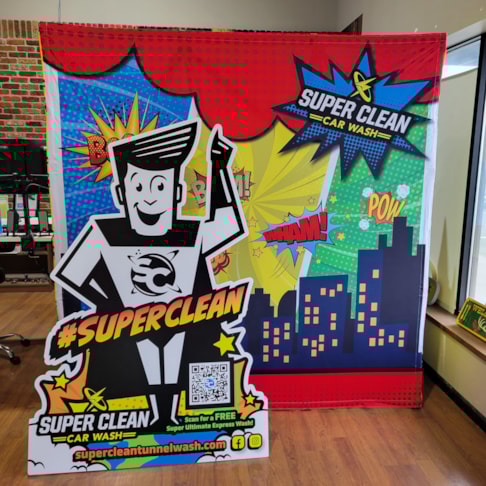 Foam core standee and fabric backdrop for Super Clean Carwash in Rapid City
