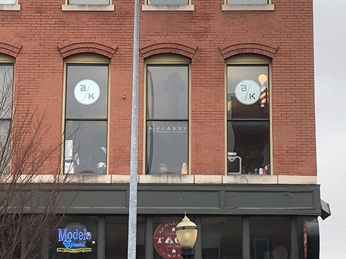 Second Surface Window Decals and Lettering for B KLASSY Barber Studio in Kansas City, Missouri