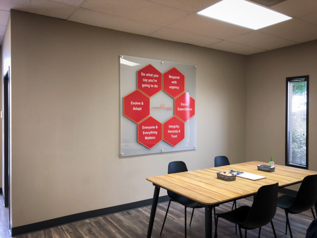 Interior Frosted Dimensional Acrylic Sign with Brushed Silver Standoffs for Corporate Cleaning Group in Lenexa, Kansas