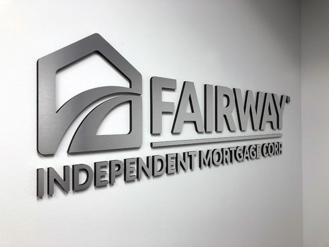 Interior Brushed Silver Dimensional Logo for Fairway Independent Mortgage in Prairie Village, KS