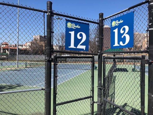 Exterior Aluminum Composite Court Number Wayfinding Signs for Plaza Tennis Center in Kansas City, Missouri