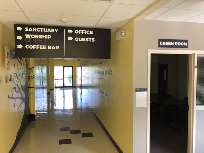 Interior Room Sign and Hanging Wayfinding Sign for Woods Chapel Church in Lee