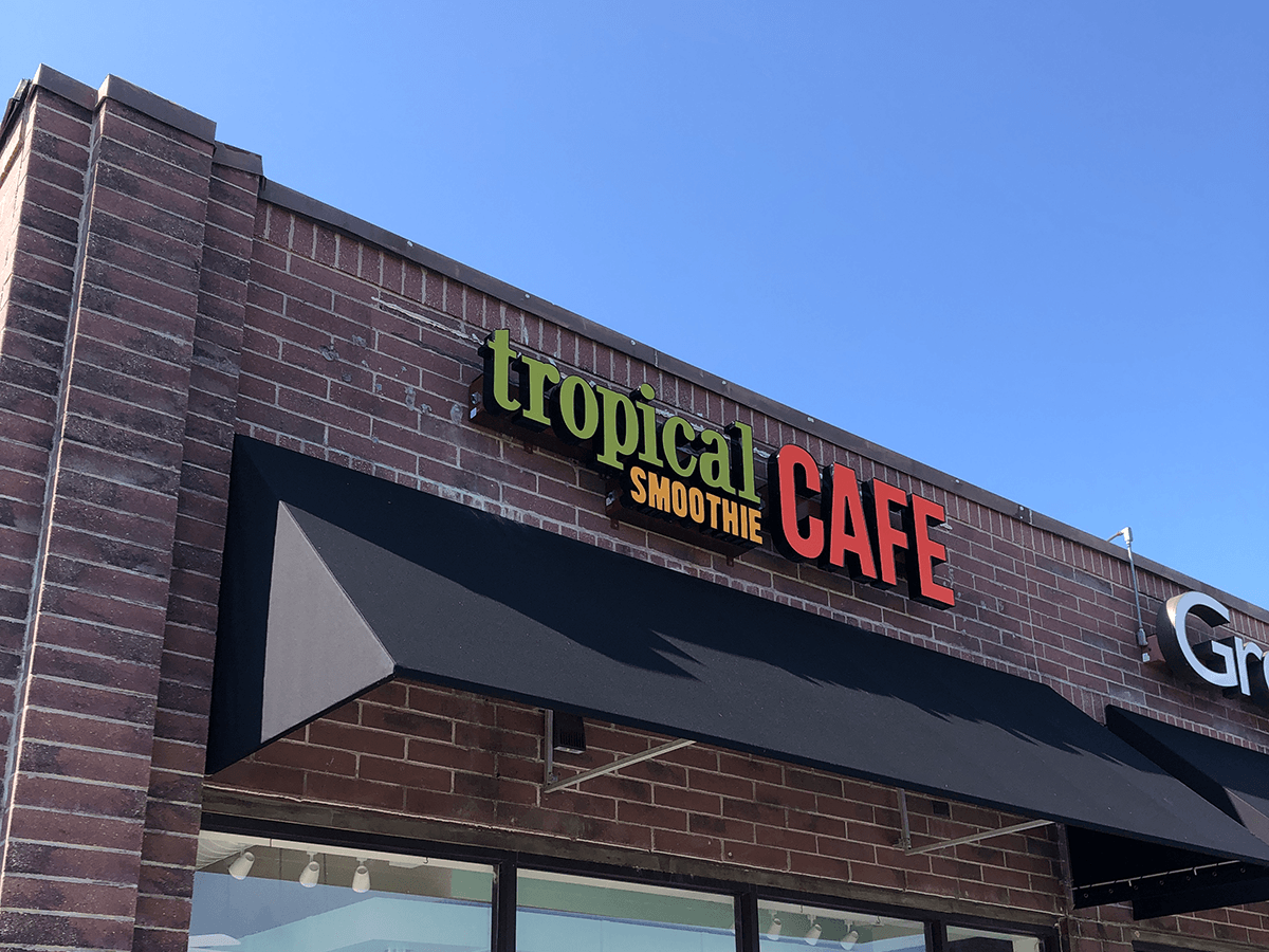 Channel Letters on Raceway for Tropical Smoothie Cafe in Kansas City, Missouri