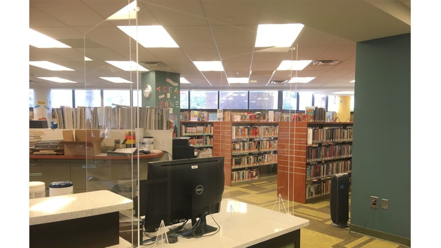 Rutgers Camden library had acrylic barriers installed at their checkout area.