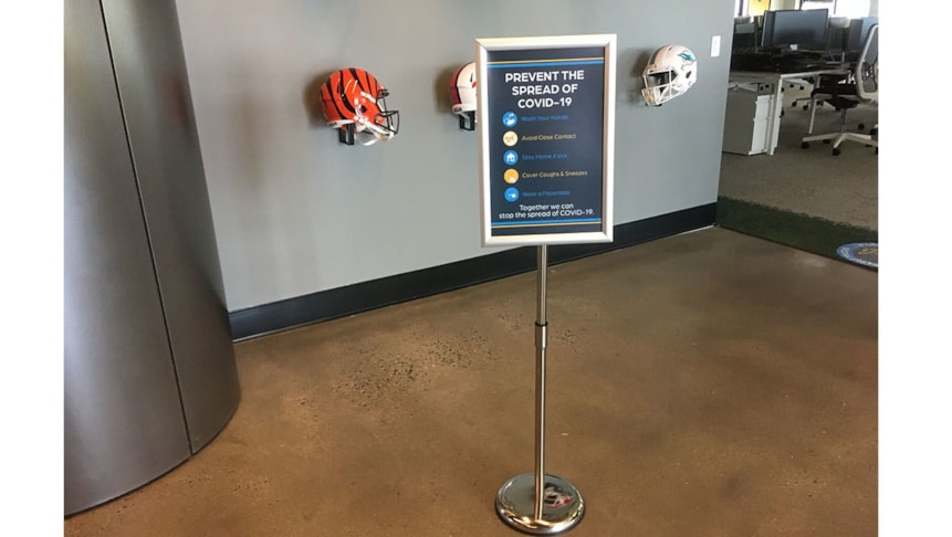 Free standing sign reminder for guidelines to prevent the spread of COVID-19. 