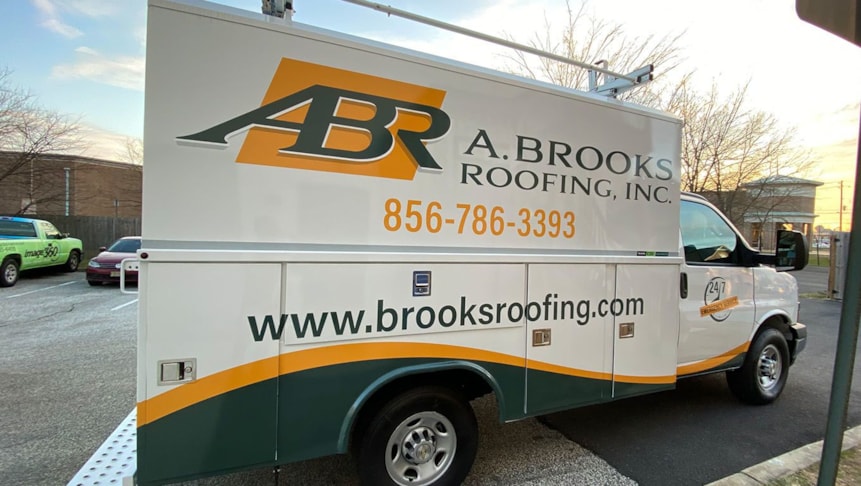 Custom vehicle wrap for repeat customer A. Brooks Roofing