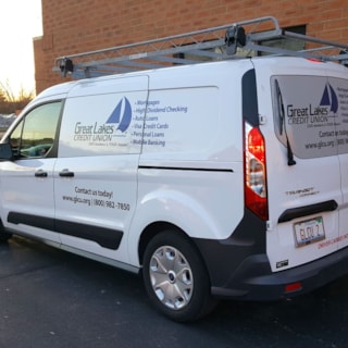 Cut vinyl and window perf on van for Great Lakes Credit Union. Bannockburn, IL