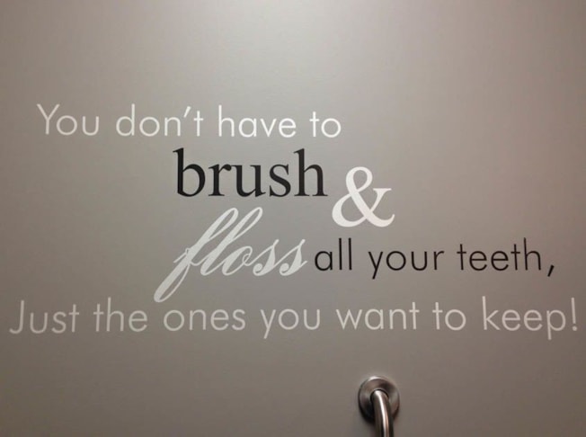 We designed and installed this fun graphic in the restroom of a dentists office. It is a pearlescent cut vinyl.