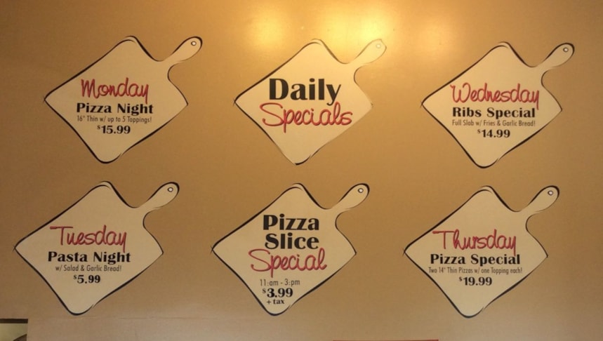 Daily special menus cut to shape of pizza board for restaurant chain 